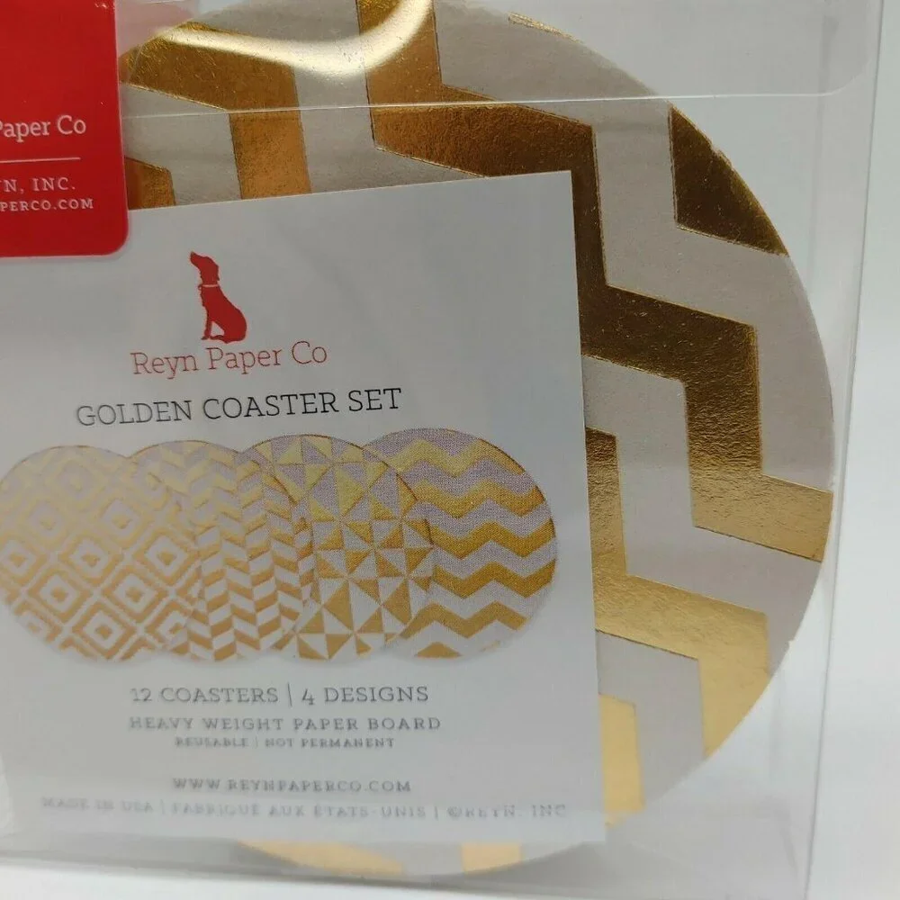 Reyn Paper Co 12 Reusable Golden Coasters Set Heavy Weight Paper Board Gold Foil